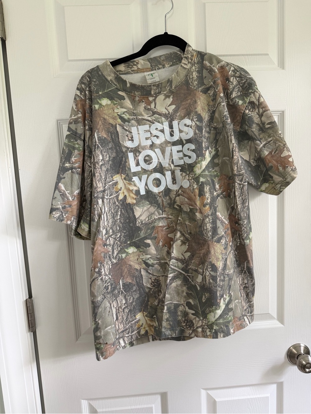 Women’s Camo Short Sleeve Tee with "Jesus Loves You" Print